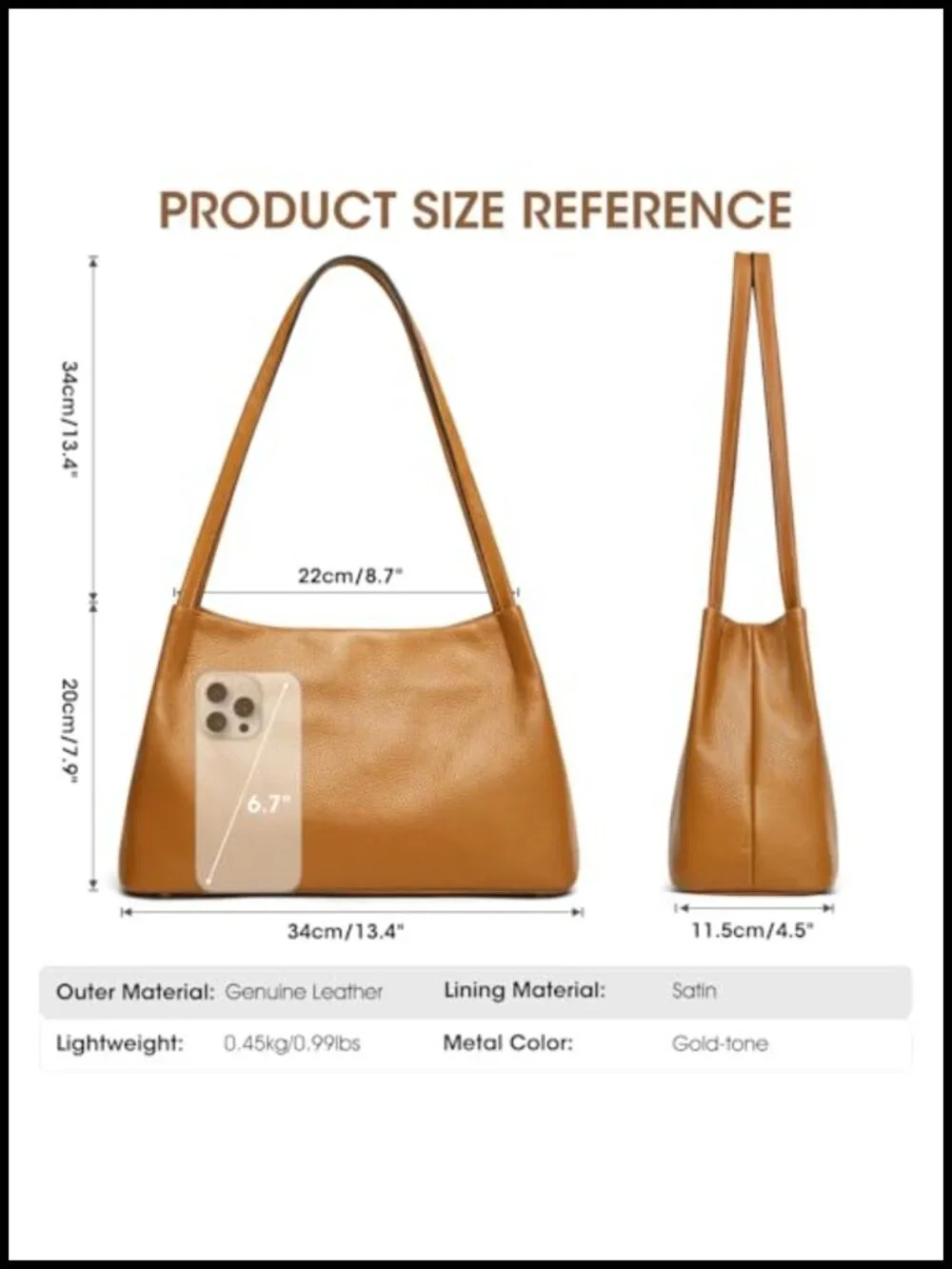 Top Grain Pebbled Cowhide Leather Hobo Bag with Magnetic Snap Closure